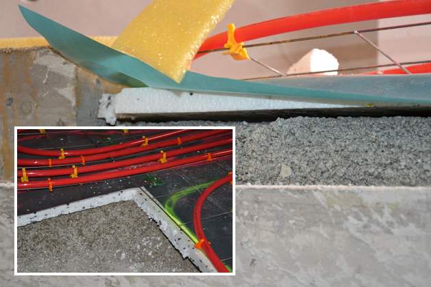 Detail Fußbodenaufbau mit Schüttung, Trittschalldämmung, Fußbodenheizung auf Estrichgitter