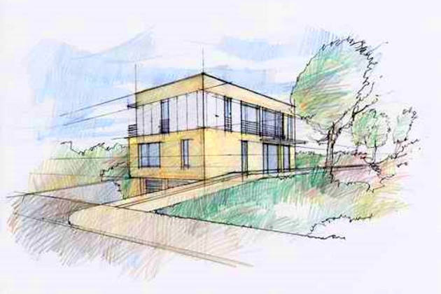 Per Hand gezeichneter Entwurfsplan für modernes Flachdachhaus