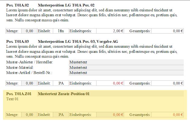 Muster-LV Testversion - Anzeige Zusatz-Position in Kalkulations-LV