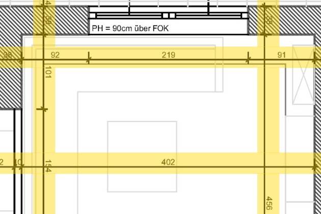 Grundrissplan mit einer gelb markierten Kotierung, bestehend aus den Kotenschnüren und Koten