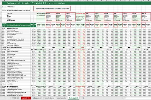 Excel Muster-LV Arbeitsblatt Preisvergleich mit 12 Spalten