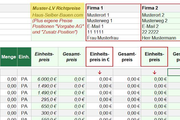 Excel Muster-LV Richtpreise für Hausbau