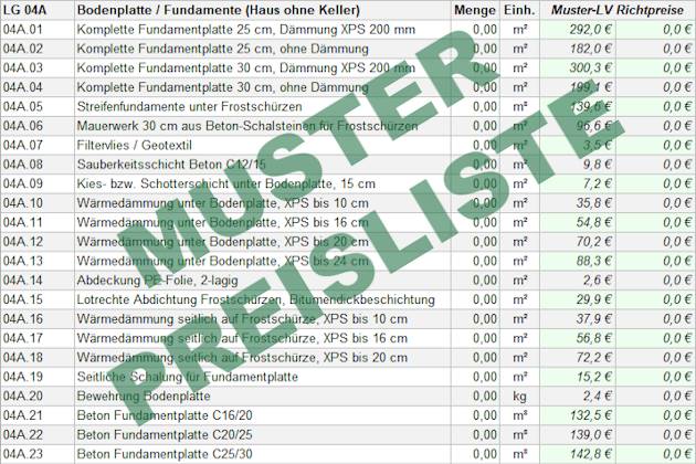 Excel Muster-LV als Hausbau-Preisliste