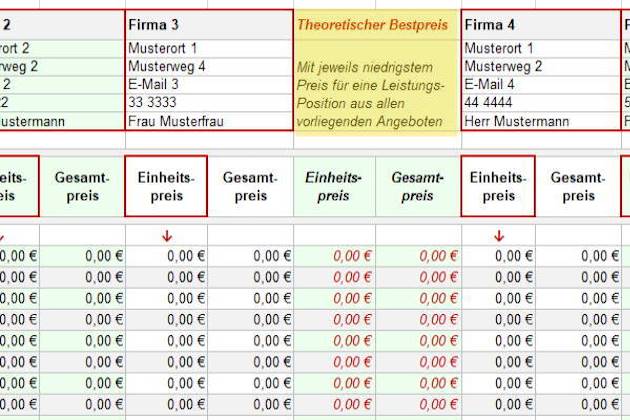 Excel Muster-LV Arbeitsblatt Preisvergleich mit Spalte für theoretischen Bestpreis