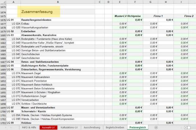 Excel Muster-LV Zusammenfassung Arbeitsblatt Preisvergleich